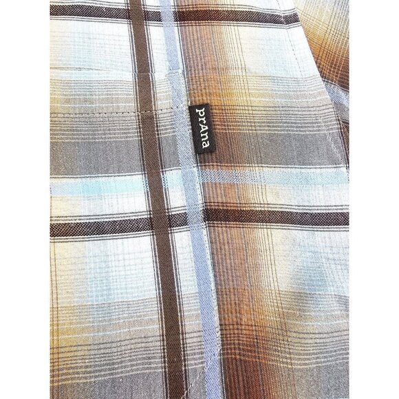 Prana Sz XL Mens Brown Gray Camel Blue Check Short Sleeve Neck Pocket Logo Shirt - Picture 8 of 13